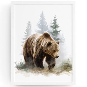 Watercolor Brown Bear Forest Wall Art Print, Unframed Misty Grizzly Illustration